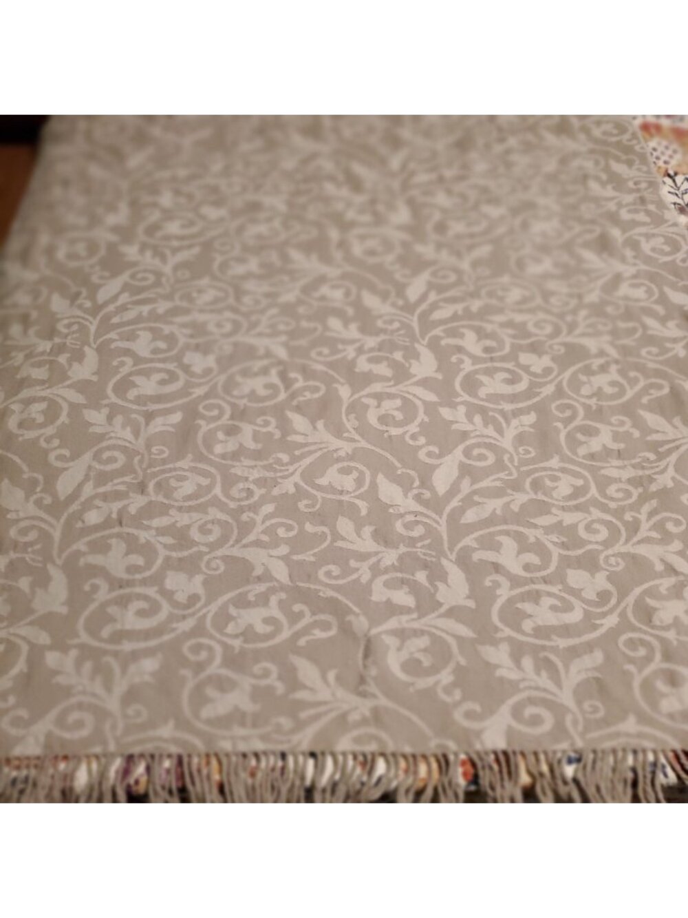 Vtg EUC Marzotto Lambs wool blanket 64x50" Throw Beige floral Damask soft fringe